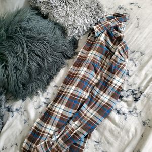 Brown, tan, red, blue flannel